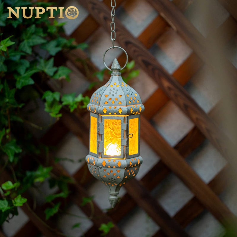 NUPTIO 2 Pcs Moroccan Lantern Metalwork Hanging Tealight Candle Holder Metal Glass Indoor Outdoor Battery Operated LED Flameless with 35cm Chain, White - Image 3